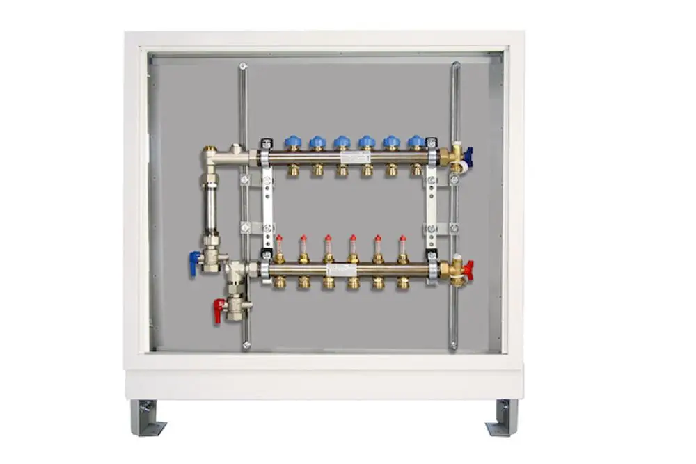 Verteilerstation mit mehreren Anschlüssen, Rohren und Ventilen, montiert in einem weißen Gehäuse. Produkt von Roth, ausgelegt für Heizungsanwendungen.